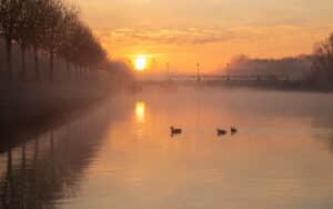 Sfeervolle zonsopkomst langs de Leie aan de oude sluizenkaai in Menen