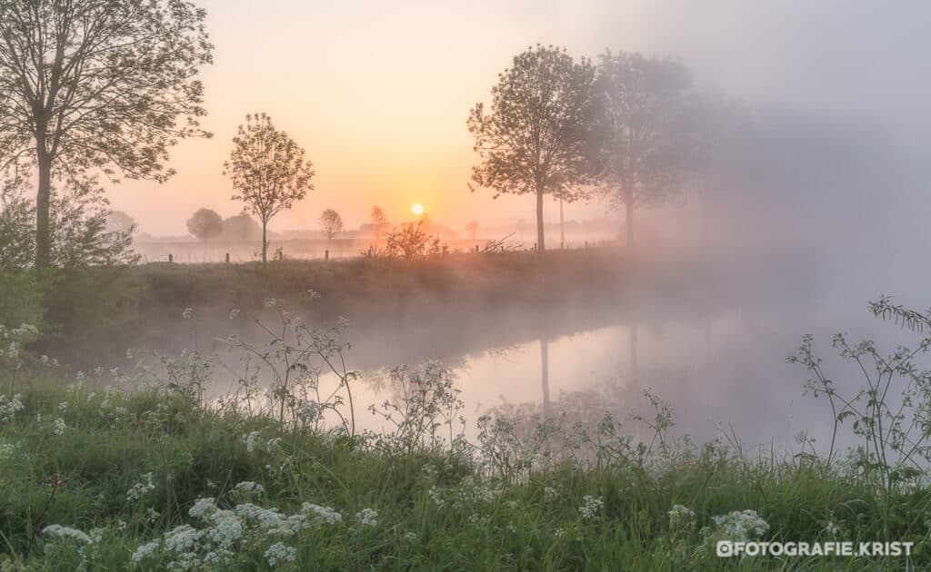 Zonsopkomst langs de leie in Wevelgem