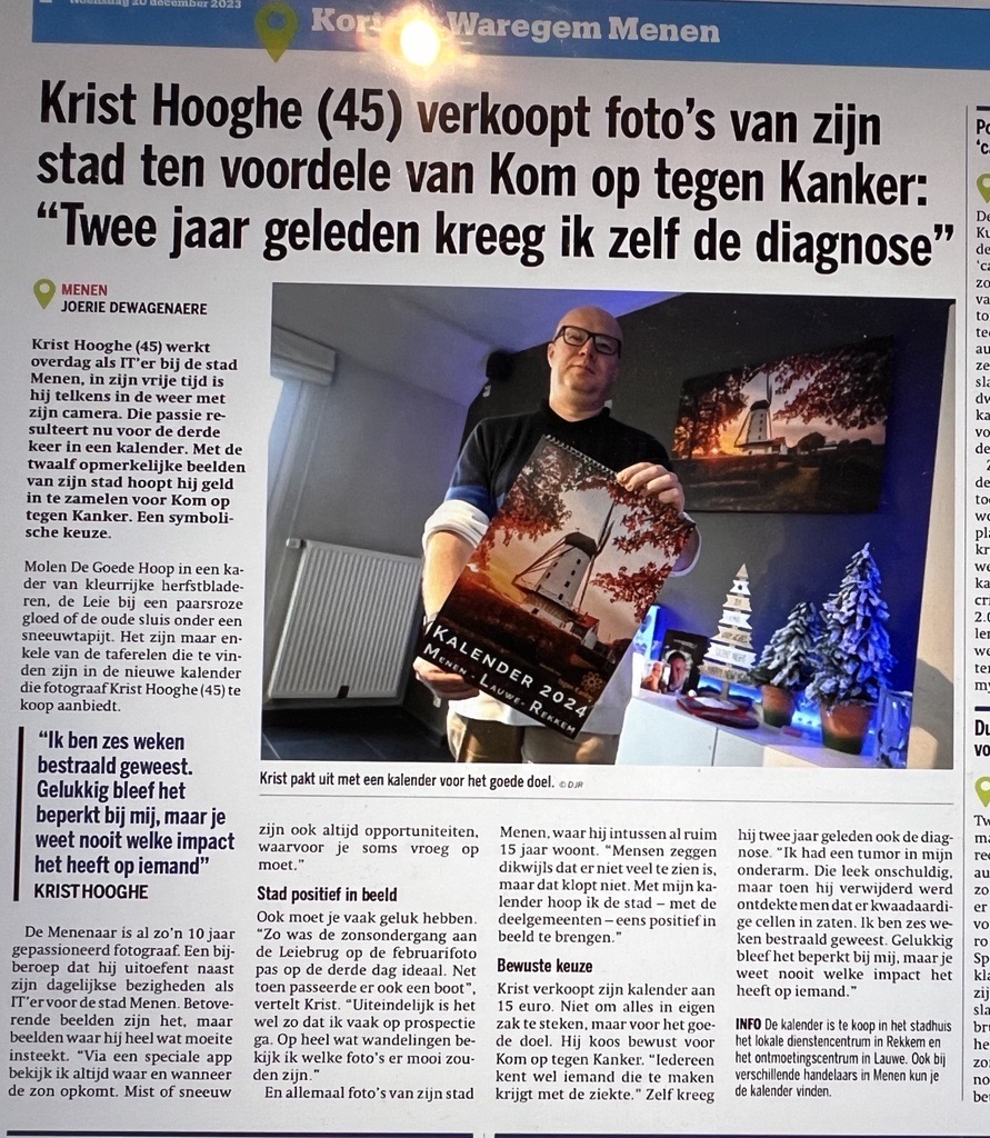 Artikel KRant van West-Vlaanderen Kalender 2024 Menen Lauwe Rekkem 
Te koop voor Kom op tegen Kanker